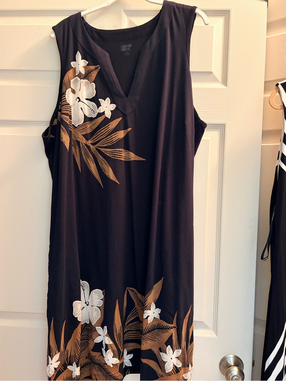Lands' End Black Dress with White Floral and Brown Leaf Print